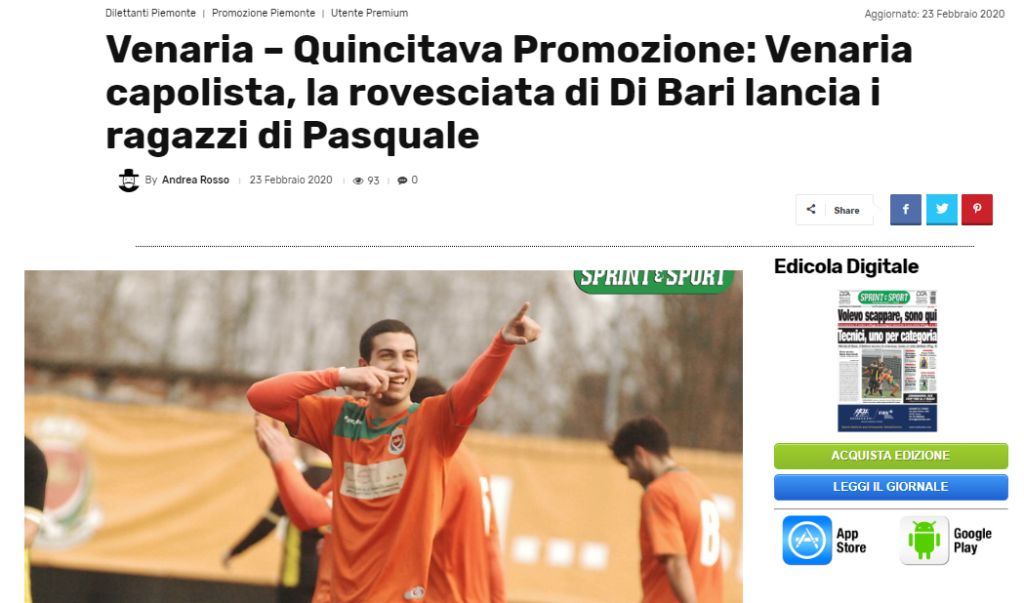 RASSEGNA STAMPA 24 Febbraio – Venaria alla ribalta: Prima Squadra e Under 19 in vetta ai rispettivi gironi!